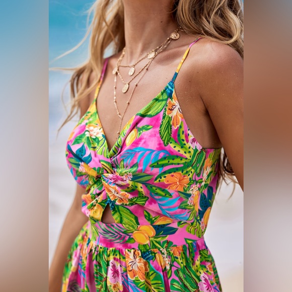 Cupshe Pink Tropical Floral Maxi Dress Open Tie Back Size Medium - Picture 7 of 11